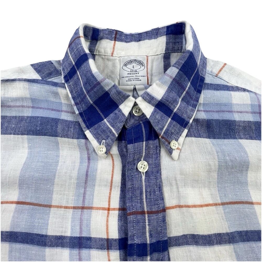 Brooks Brothers Regent Linen Shirt L White Blue Plaid Short Sleeve Button Down